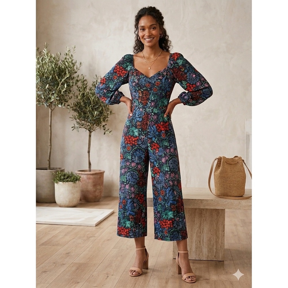 Knox Rose Floral Wide Leg Jumpsuit Small Smocked Back Balloon Sleeve Multi-Color